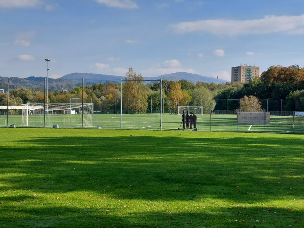 Část odhodové louky a fotbalové hřiště s umělou trávou
